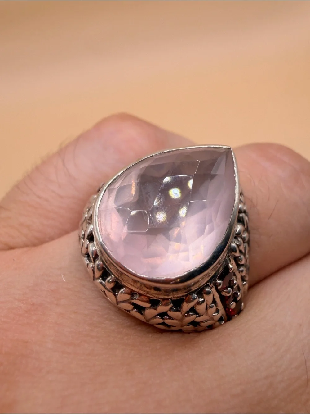 925 Sterling Silver Rose Quartz & Garnet Ring Size 9.